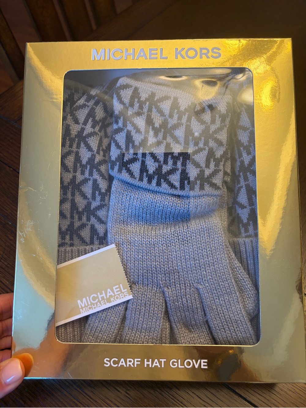 Michael Kors 3-Pc Scarf Hat Gloves Set NIB Sealed Gray Black